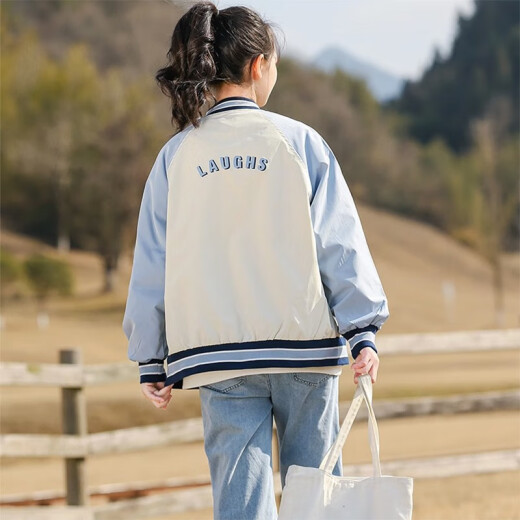 方糖姑娘初中生美式棒球服外套少女春秋装2025新款大童高中女生早秋薄上衣 9906DYR蓝色外套+9913牛仔裤 L