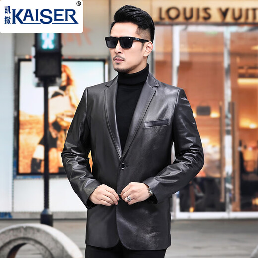 凯撒（KAISER）断码格子真皮西装领头层绵羊皮皮衣男外套西服两颗扣修身春秋休闲 黑色 50/XL