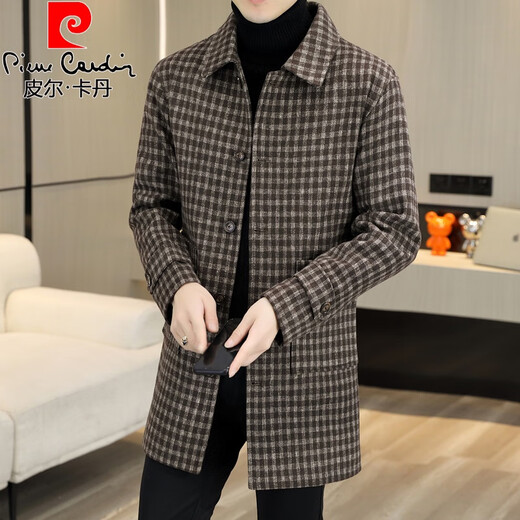 Pierre Cardin men's woolen coat plaid winter high-end Nizi windbreaker British style mid-length woolen coat 1005 black cotton version 3XL