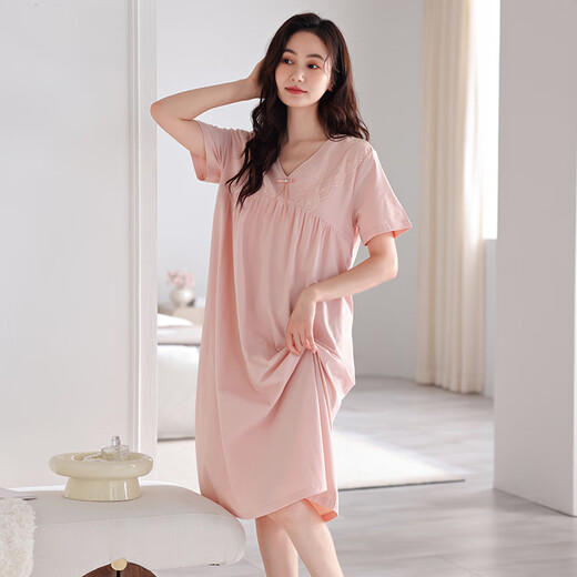 浪莎（LangSha）睡裙女夏季纯棉薄款短袖带胸垫家居服女士甜美公主风可外穿连衣裙 701柔粉（带胸垫） L【160-165cm/110-125斤】