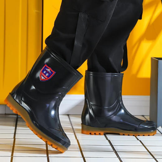 Daohuatu Jundeng mittlere Röhrchen Regenschuhe Arbeit Schutz für Herren Rindfleisch Sehne Sohle Kear-resistente Nicht-Rutsch-Plus-Samtwasserstiefel Konstruktionsstelle Kleber Kurzmittel mittelgroß