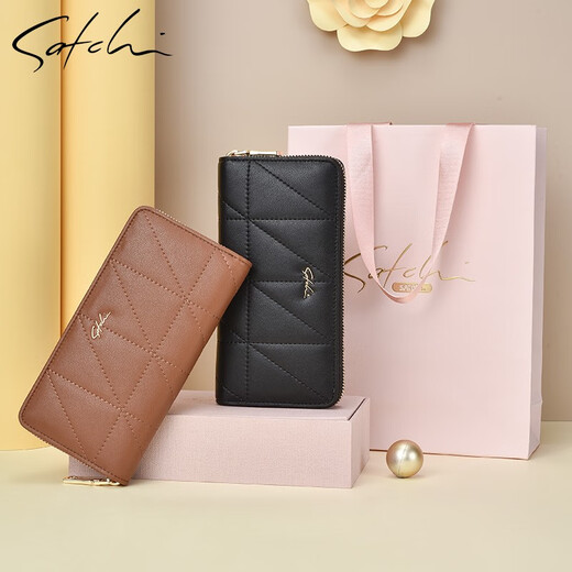 SATCHI women's bag genuine leather wallet fashion wallet brand 2025 new fashion handbag clip clutch coin wallet black [gift box packaging]