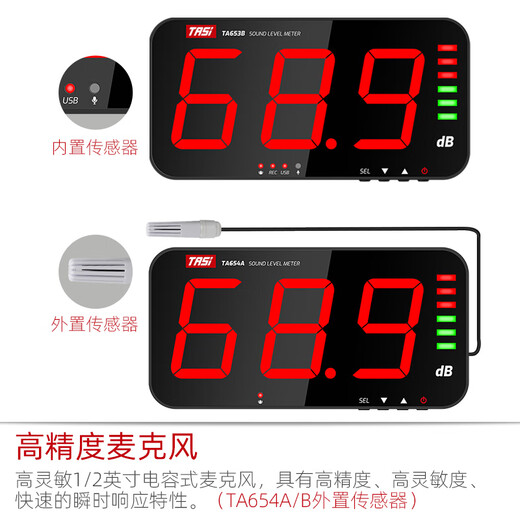 
Teans Large Screen Noise Tester Wall-mounted Decibel Meter High-precision Environmental Noise Detector Alarm TA653A [Large Screen 13-inch + Sound and Light Alarm]