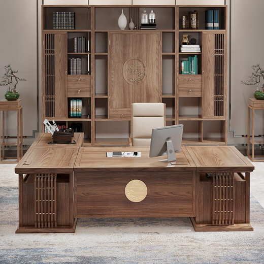 Xuanshiju New Chinese Style Black Gold Solid Wood Boss Desk Desk Combination Executive Desk Supervisor Manager Desk Office Furniture Color Swatch Sample and Deposit Black Gold Wood