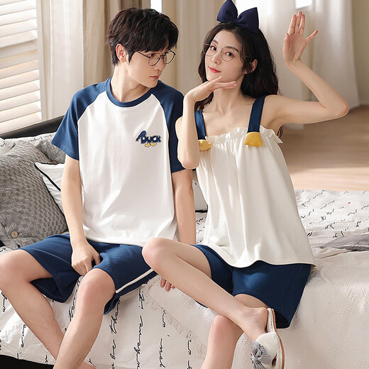
Light and quiet pure cotton couple pajamas for women in summer suspender shorts suit casual simple men short sleeves can be worn outside home clothes summer QH9906 M women