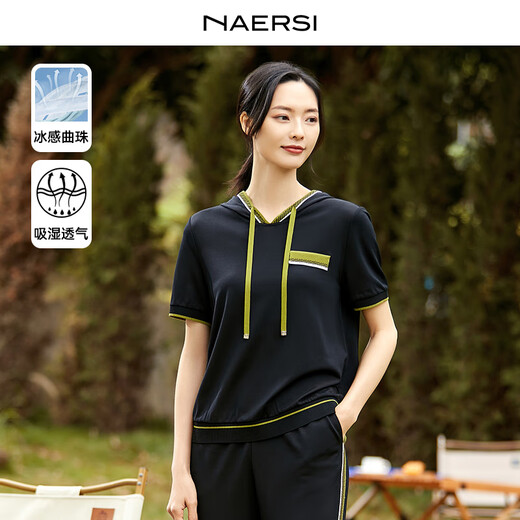 NAERSI light sports simple casual ice silk women's summer new short-sleeved pants two pieces black-top M