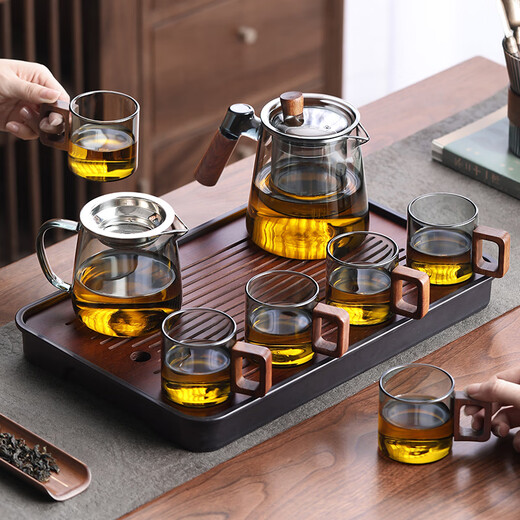 Unclumsy glass tea set, Kung Fu tea set, tea cup, home office use, youthful green gray teapot, 8 pieces
