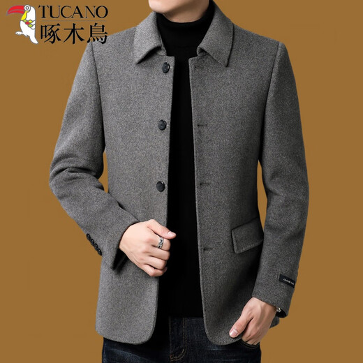 Woodpecker high-end double-sided cashmere coat men's short middle-aged business casual lapel men's thickened woolen woolen coat trendy 93313 Gray L