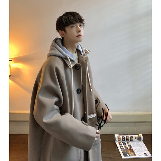 NEW OR MODE American mid-length woolen coat for men in autumn and winter, knee-length trendy windbreaker, thickened hooded woolen coat, off-white XL
