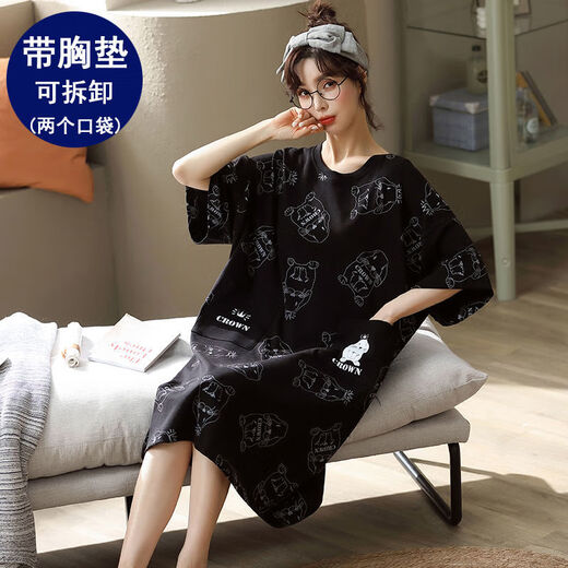 Nightgown with breast pad for women for summer cotton short sleeves plus fat plus size 200 Jin [Jin equals 0.5 kg] No wear bra to wear pajamas FY-6624 L-Breast pad (95-110 Jin [Jin equals 0.5 kg])