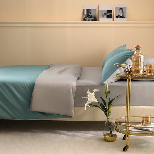 Love 60 four-piece sets, pure cotton simple light luxury double quilt cover, bed sheet and quilt cover, cotton bedding, shallow and Zui Shi Guang Blue, 1.8 meters bed four-piece set/quilt cover 229*230cm