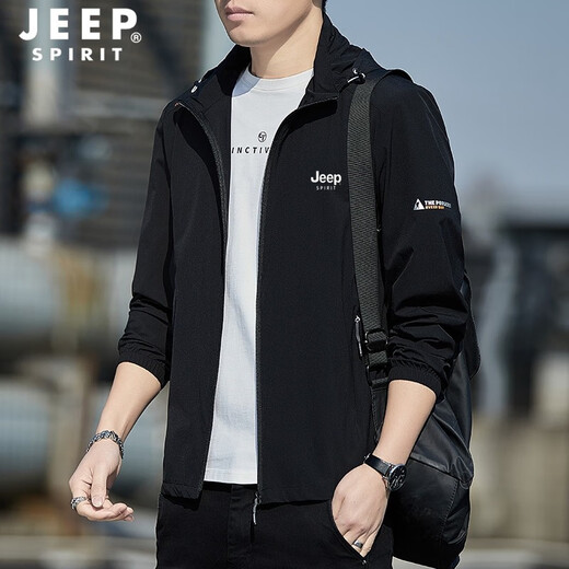 JEEP SPIRIT sun protection clothing men's summer ice silk thin breathable jacket men's removable hood high elastic sports fishing sun protection clothing black L