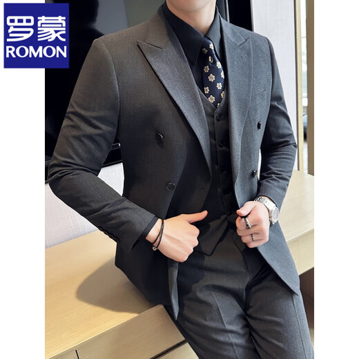 ROMON high-end customized suit men's British style double-breasted business casual suit large size three-piece formal wedding suit 338 black double-breasted single-piece suit 3XL (155-170Jin Jin equals 0.5 kg)