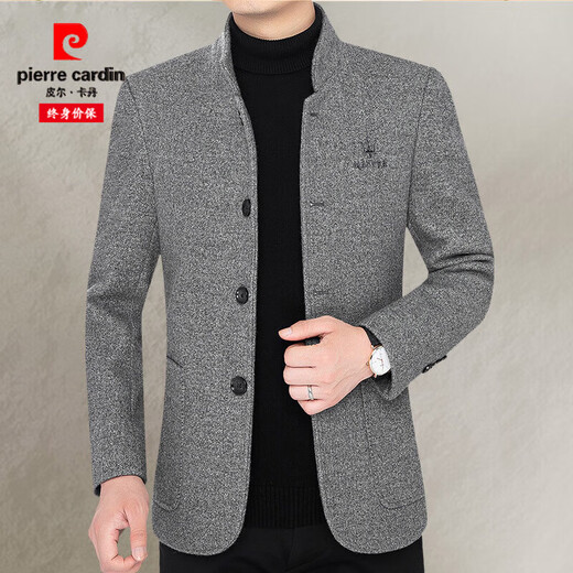 Pierre Cardin Wolljacke Herren Herbst und Winter mittleren Geschäftsstandkragen Jacke Männer Casual Trendy Plush Jacket Daddy Anzug Dunkelgrau L (120-140jin [Jin gleich 0,5 kg])