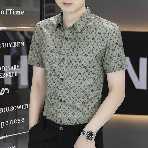 以堡狼高端夏季男衬衫短袖弹力冰丝数码印花薄款休闲男士衬衣修身 7029白色 L 【推荐110-125斤】
