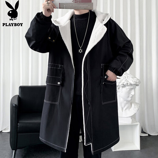 Playboy (PLAYBOY) windbreaker men's mid-length spring and autumn new high-end authentic trendy coat jacket men's hooded loose top men Z-401HHF262 black plus velvet L