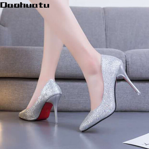 Daohuatu size 35-45 large size high-heeled shoes 44 sequin single shoes reverse channeling men's transvestite shoes 43 stiletto heel big-foot women's shoes 42 105 suede black 10 cm 45