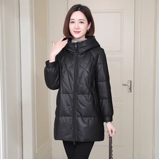 Yunqi Qianqiu Haining genuine leather down jacket women's mid-length 2025 winter new casual hooded sheepskin leather jacket black M recommended 100-115Jin Jin equals 0.5 kg