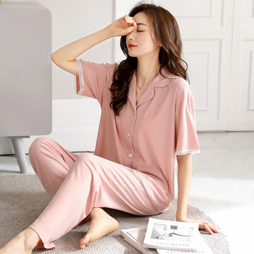 Langsha Pajamas (Langsha) Pantalage de coton modal de printemps pour femmes Vêtements de maison à manches courtes pour la mère de la mère Mère Mother Cardigan Loose Uster uster 723 Rose clair M [155-162 cm / 80-105jin [Jin est égal à 0,5 kg]]]]