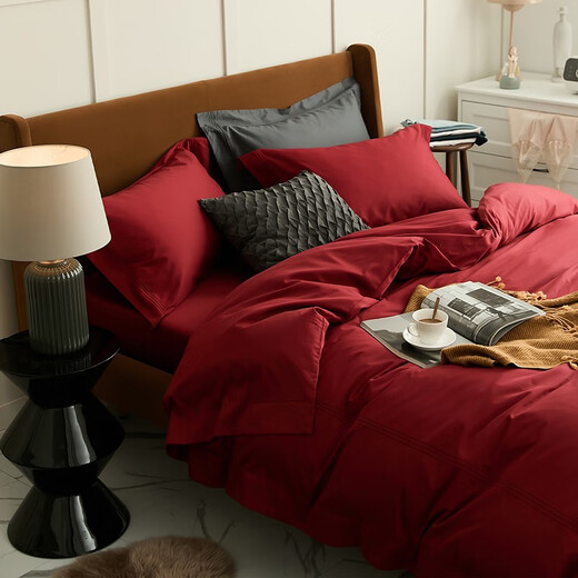 Lateinische Lady Nordic Light Luxury Style 100 Langer Samt Baumwolle Hochzeit Vierköpfiger Set All-Cotton Red Pure Cotton Hochzeitset Bettwäsche hellroter vierteiliger Set 1,8m Bettblatt Stil-Quilt Cover 200*230 cm