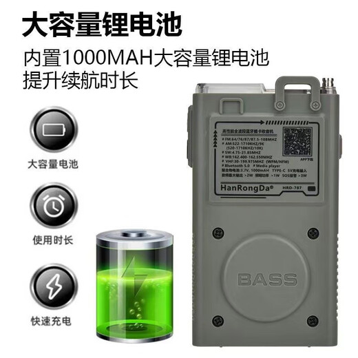 Hanrongda 787 portable full-band DSP radio supports smartphone APP remote control with flashlight, can insert memory card and bluetooth to play full-band radio, military green