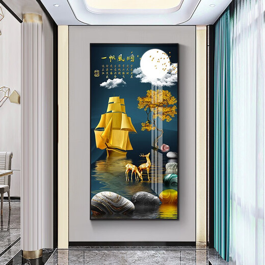 Xiao Lulin Light luxury entrance decoration painting New Chinese style entrance painting aisle corridor mural Nordic abstract elk hanging painting crystal porcelain painting 14087 smooth sailing Diamond inlay painting 100*200 cool black (customized size)