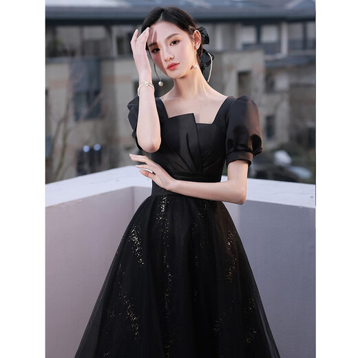 Seidlers schwarzes Abendkleid für Frauen Banketttemperament leichte Luxus Nische High-End-Geburtstag Erwachsenen Geschenkkleid Schwarz XL (Empfohlen 116-125 Jin [Jin gleich 0,5 kg])