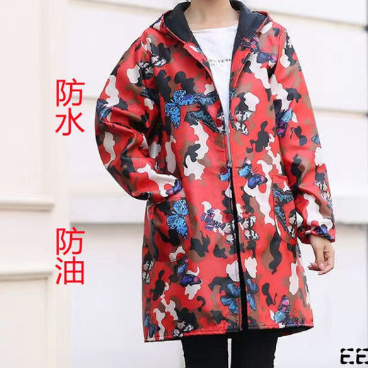 Guiren Xiong velvet thickened smock, warm coat, men's and women's work clothes, waterproof and oil-proof camouflage long coat, kitchen long-sleeved labor insurance suit, blue floral (with hood), large size (160-200)