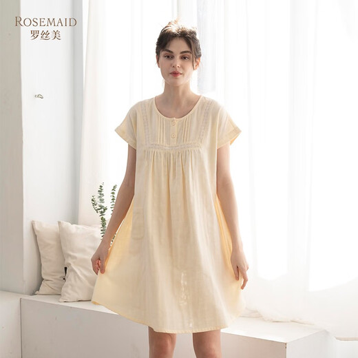 Rosemaid/罗丝美春夏新品 商场同款 圆领套头半开襟短袖睡裙纯棉双层纱12026 黄色 160(M)