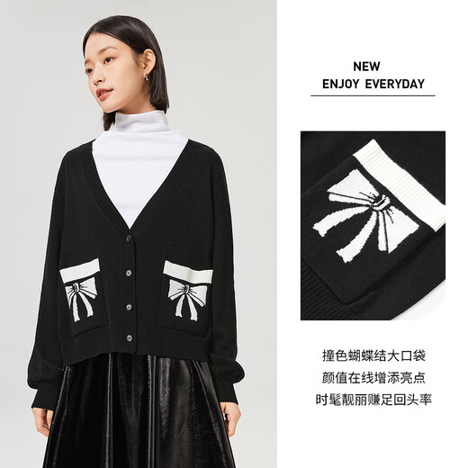 
Aiju Tuchun new age-reducing bow pocket cardigan V-neck sweater knitted jacket women EWZSJ1M702A black 04 155/80A/S