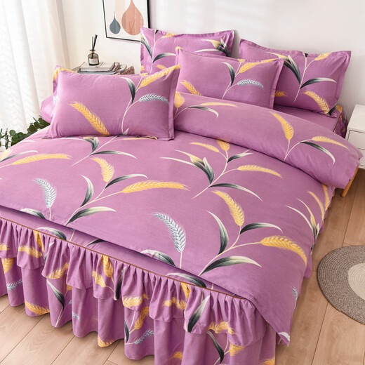 Boxingna Jiangsu Nantong bed skirt four-piece thickened skin-friendly and polished lace bed cover quilt cover single and double simple quilt cover wheat ear 2.0m bed skirt four-piece [quilt cover 200*230cm]