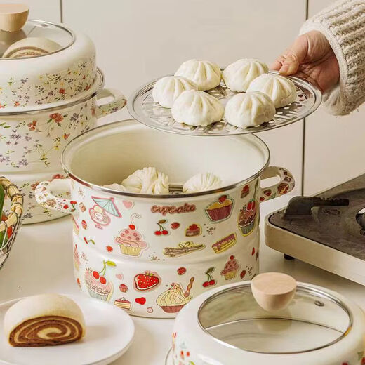 Mincheng's new thickened 24 cm double-layer steamer household enamel soup pot enamel two-layer steamer induction cooker gas stove cake flower double-layer steamer 2 layers 24cm