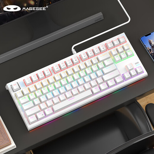 MageGee SKY 87 wired backlit keyboard 87-key gaming mechanical keyboard Business office comfortable keyboard Laptop mechanical keyboard White mixed light green switch