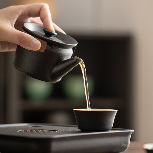 山头林村小茶盘两个人功夫小茶具套装家用简约现代N3886 绿陶手抓一壶四杯仿乌小方盘
