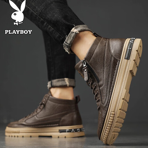 花花公子（PLAYBOY）鞋子男鞋高帮2025棉鞋秋冬季新款男士休闲皮鞋男加绒板鞋马丁靴男 棕色 CPL1253886 41