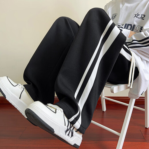 Dingfengbaoluo pantalones casuales rectos americanos de otoño para hombre pantalones deportivos de pierna ancha holgados a rayas DFK46 negro XL