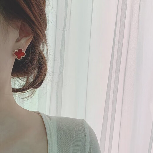 Feiyu Fat Donglai same style four-leaf clover 18K gold women's 18k rose color red agate as a Valentine's Day gift for girlfriend 10mm rose gold red agate earrings with + gift box certificate