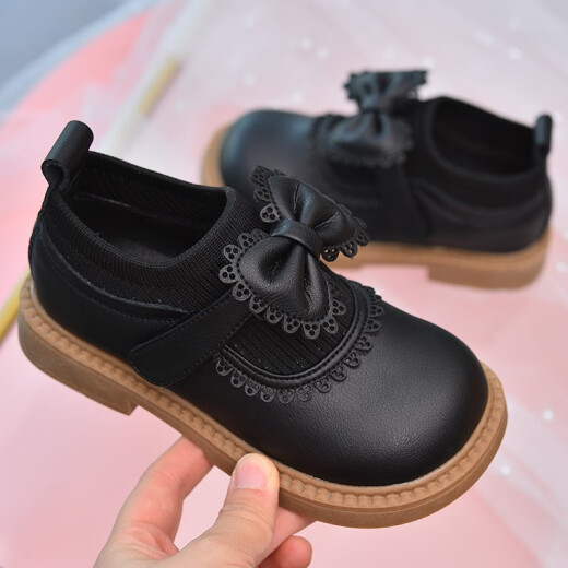 Pudding children's princess shoes girls' leather shoes 2024 spring and autumn new style black leather children's shoes bow cowhide baby shoes off-white 28 inner length about 18.1cm