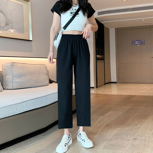 黑色九分阔腿裤女夏季薄款宽松垂坠感高腰显瘦休闲裤子潮 829春秋九分裤【有口袋】 M 建议95-110斤