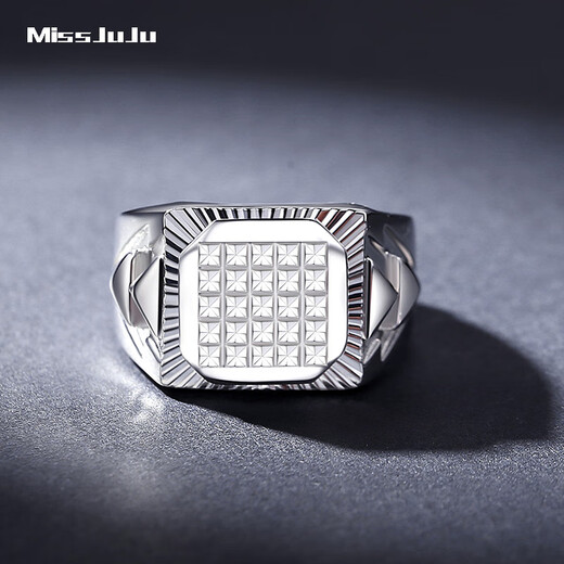 Miss JuJu platinum wide face thick ring for men PT950 white gold rhombus face shiny car flower ring live adjustable weight 16.10 grams