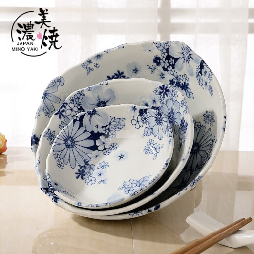 Mino-yaki Japanese tableware imported blue and white relief soup bowl hand-painted bowl sushi household rice bowl flower set series HT-23 round plate [22.2CM*3.0CM]