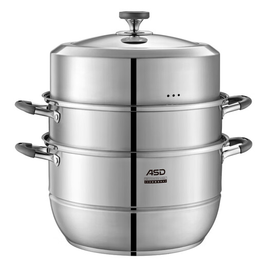 ASD Steamer 304 Stainless Steel Three-layer Steamer Household Steaming and Cooking Integrated Soup Pot 34CM Heightened Steamer Q1