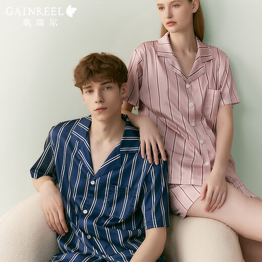 Gainreel nude silky couple pajamas, skin-friendly, comfortable, simple, short-sleeved, men's and women's thin home clothes set that can be worn outside, men's clothing - blue stripe M