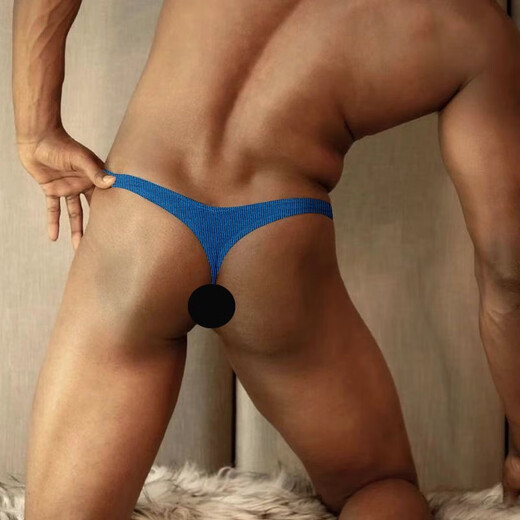 Men's low-waist thong sexy threaded cotton solid color buttocks highlighting big breathable bikini briefs blue 2XL