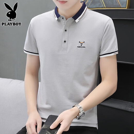 Playboy (Playboy) Camiseta de manga corta Camisa de la base de la solapa para hombres Ropa gris de verano