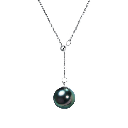 WEIYAN Tahitian black pearl pendant, adjustable Y-shaped necklace, round peacock green pearl clavicle chain, gift for wife, 18K gold chain (45cm adjustable length) 9-10mm