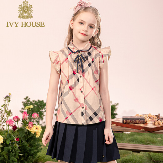 IVY HOUSE Ivy children's wear girls' printed shirt summer new British college style small flying sleeves retro plaid shirt khaki 100cm (110/52)