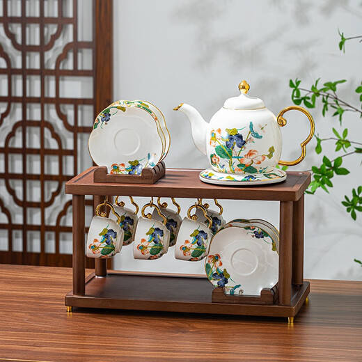 Yanze New Chinese Tea Set Living Room Light Luxury High-end Afternoon Tea Teapot Teacup Complete Gift Box Cup Set Lotus Pond Spring Color 17-piece Set-Rectangular Shelf