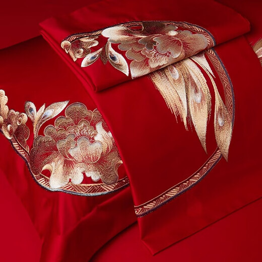 Malin Daofu Full Cotton Vierteilige Set 1,8 Meter Hochzeit 100er Jahre langer Samt Baumwollbrein verheiratet Big Red Dragon und Phoenix Hochzeit Stickerei Bettwäsche und Phoenix glückverheißender sechsteiliger Set 1,8 Meter/Blattstil (geeignet für 200-230 Quiltkern)
