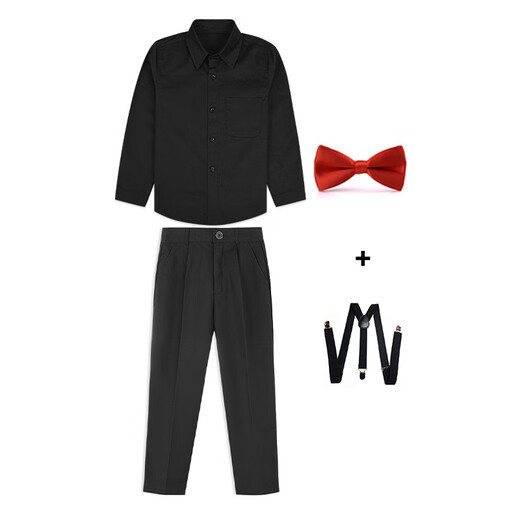 Xin Yueqing primary school student spring and summer performance clothing black shirt, trousers, dress, black shorts, overalls suit for boys and girls, black long shirt + long pants + black suspenders + red bow tie 150cm